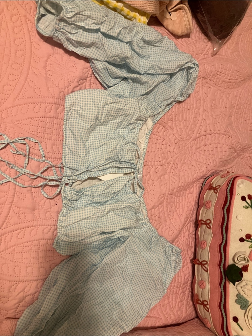 Light Blue Gingham Crop Top with Puff Sleeves